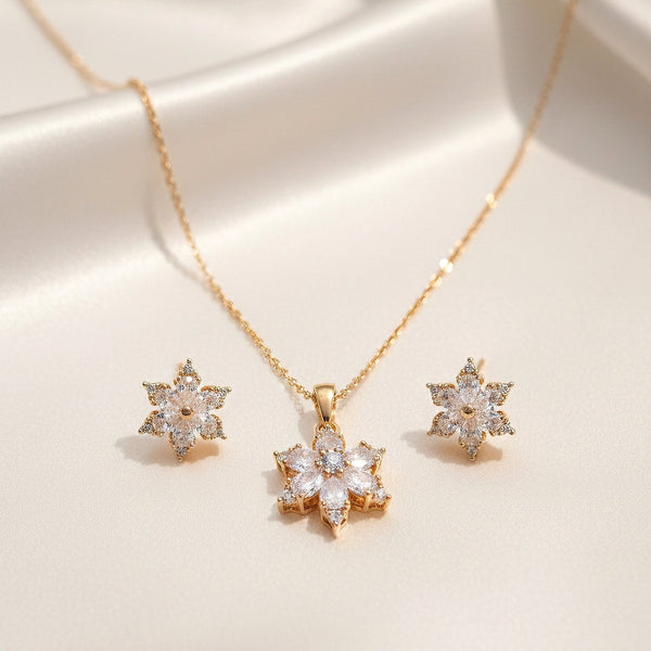 Stellara Bloom star flower necklace and earrings set with sparkling stones by Evvara Vogue