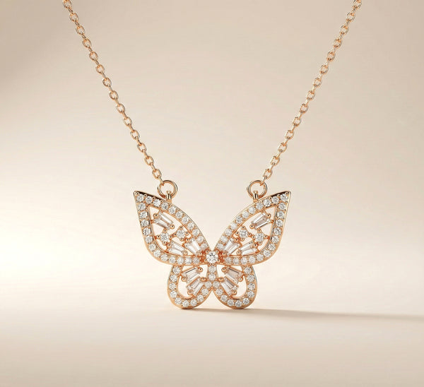 Elegant butterfly necklace styled on soft satin background, minimal luxury jewellery design