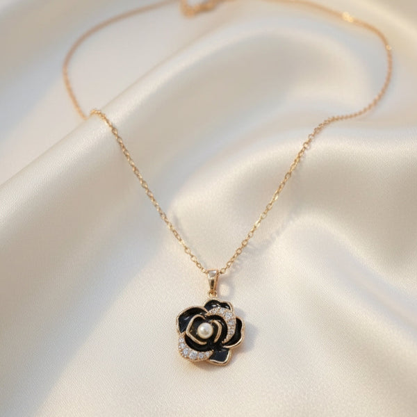 Noir Bloom pearl pendant in black floral design – anti tarnish necklace by Evvara Vogue