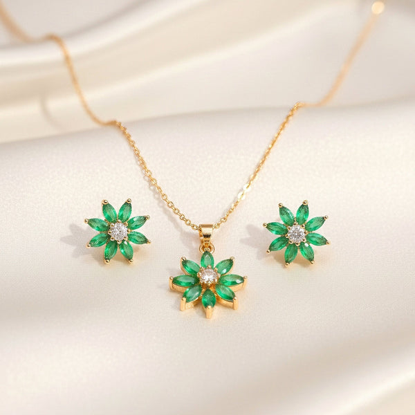 Verdant Bloom green floral pendant and earrings set by Evvara Vogue