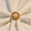 Traditional kundan style circular ring with red and green stones