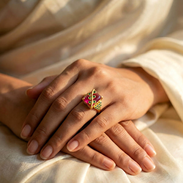 Ruby colour square ring close-up jewellery shot