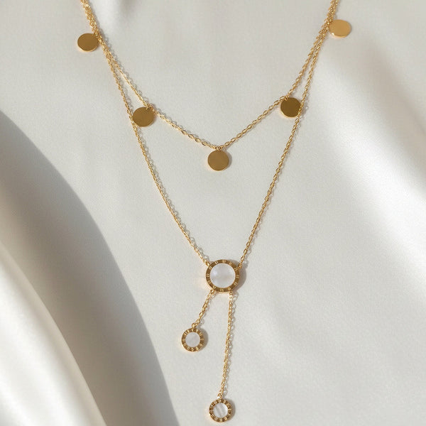 Evvara Moonlink layered gold stainless steel necklace with pearl circle pendant