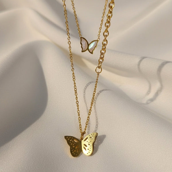 Butterfly gold pendant necklace with textured wings in anti tarnish stainless steel – Evvara Vogue
