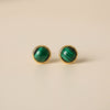 Green stone round stud earrings gold tone