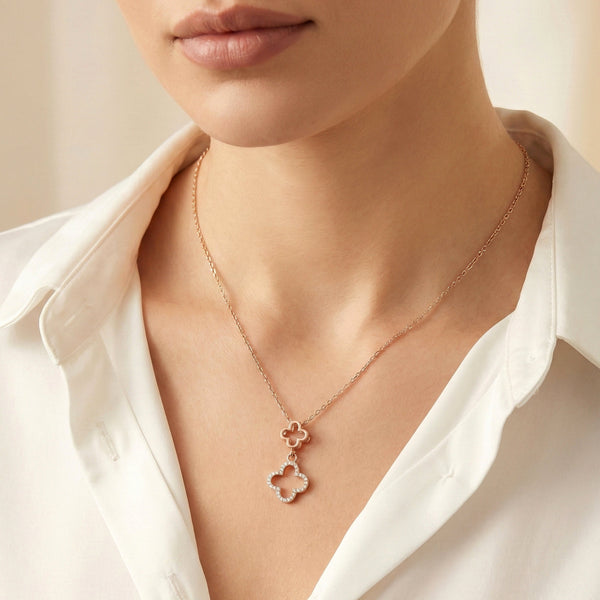 Minimal stainless steel clover pendant necklace with stone detailing
