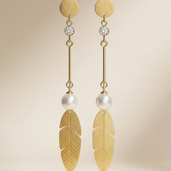 Gold-tone leaf pearl long drop earrings