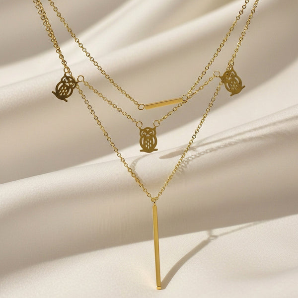 Layered stainless steel anti tarnish necklace with owl charms