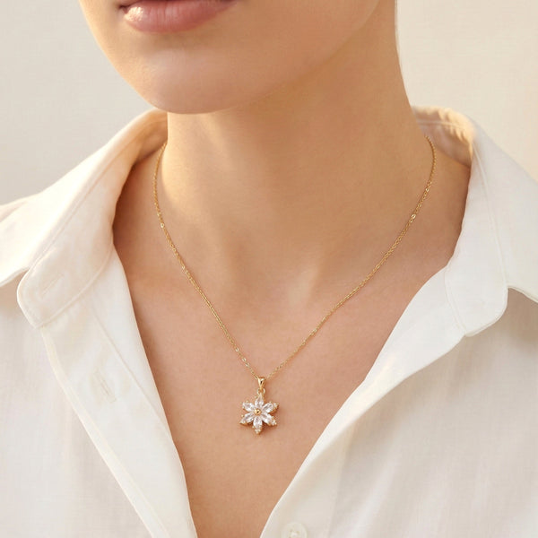 Close-up of Stellara Bloom floral pendant detailing with crystal stones – Evvara Vogue jewellery