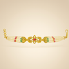 Multi-strand pearl bracelet with green and pink bead accents and gold finish
