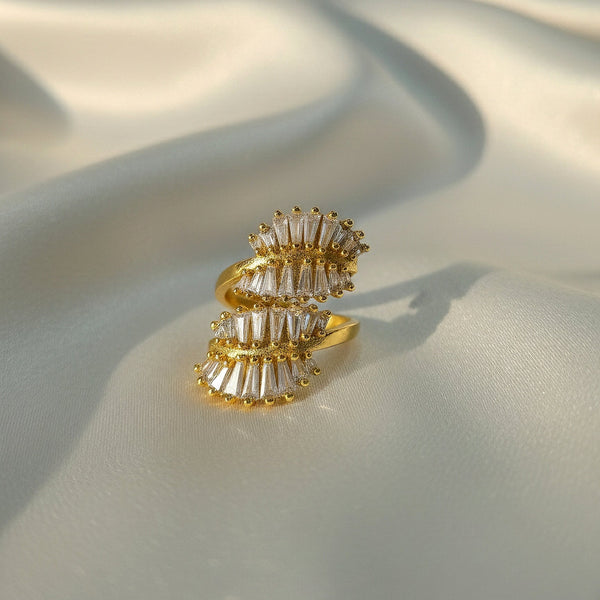 Gold tone baguette crystal open ring