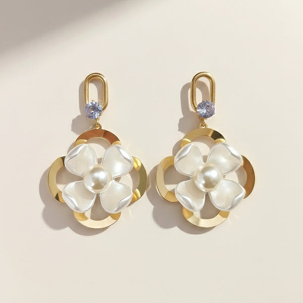 Korean floral pearl drop earrings in gold tone