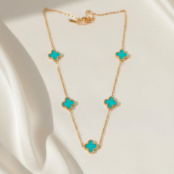 Evvara Vogue Aurea Clover anti tarnish gold necklace with turquoise clover motifs