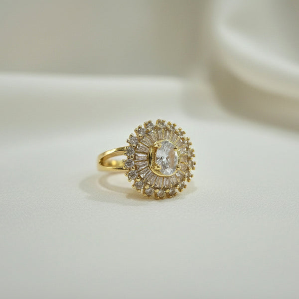 Oval halo crystal statement ring gold tone