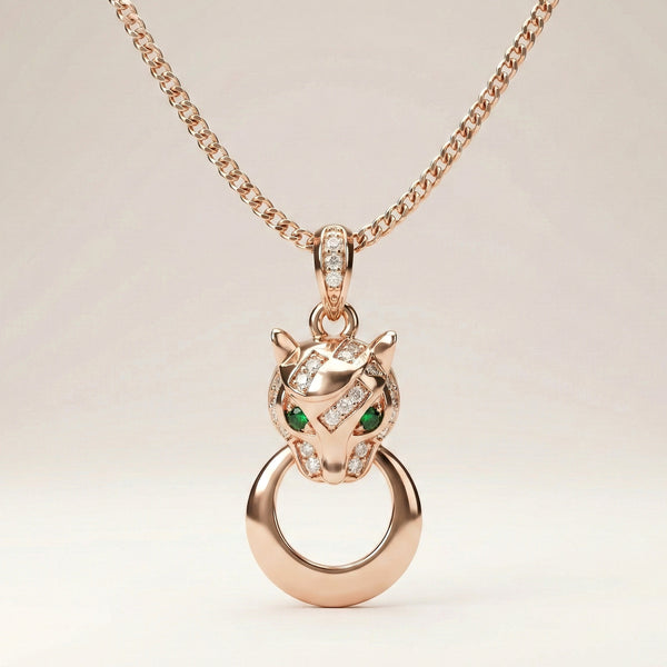 Luxury panther charm necklace for women styled on satin background by Evvara Vogue