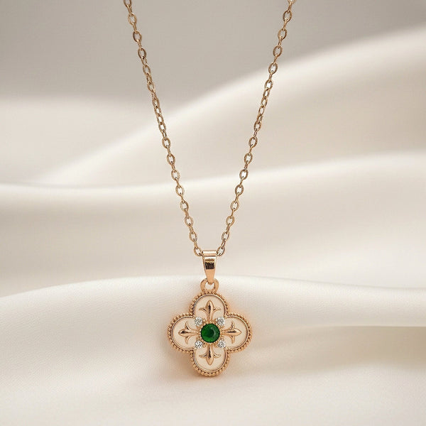 stainless steel anti-tarnish clover pendant with green stone