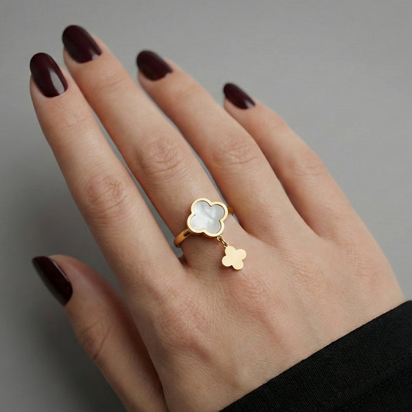 Elegant Clover Pearl Ring with Dangling Charm