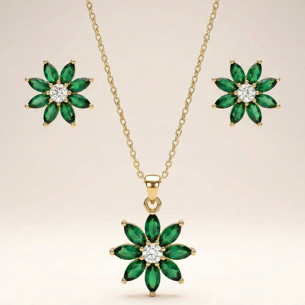 Anti-tarnish stainless steel floral jewelry set with green stones by Evvara