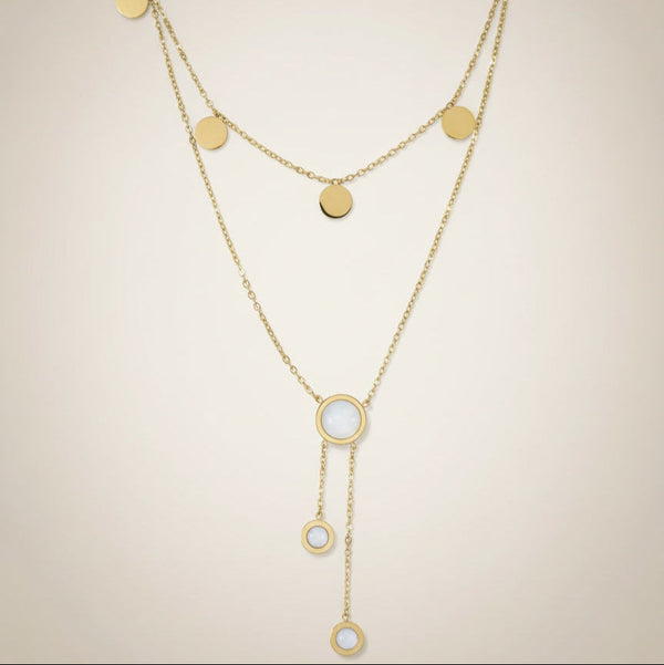 Anti tarnish stainless steel layered necklace with pearl circle detailing