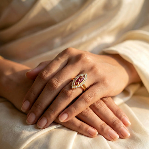 marquise ruby gold finish ring with CZ detailing