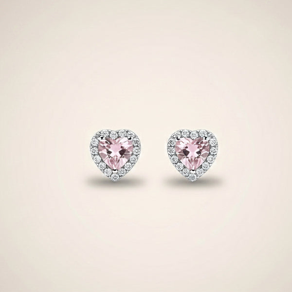 Pink heart crystal stud earrings silver tone