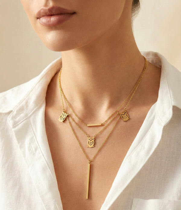 owl charms and gold bar pendants