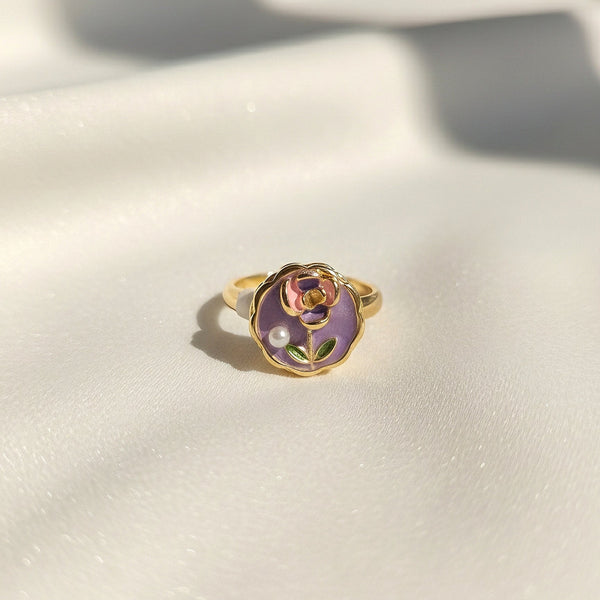 Purple enamel flower ring for women