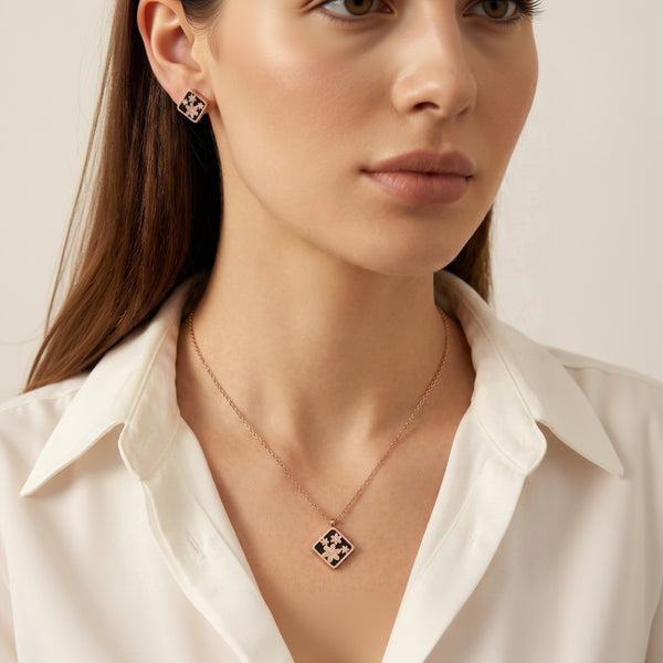 Gold square floral stud earrings with black enamel design – Evvara Vogue