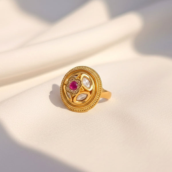 Royal kundan gold-plated statement ring with ruby stone – Evvara Vogue