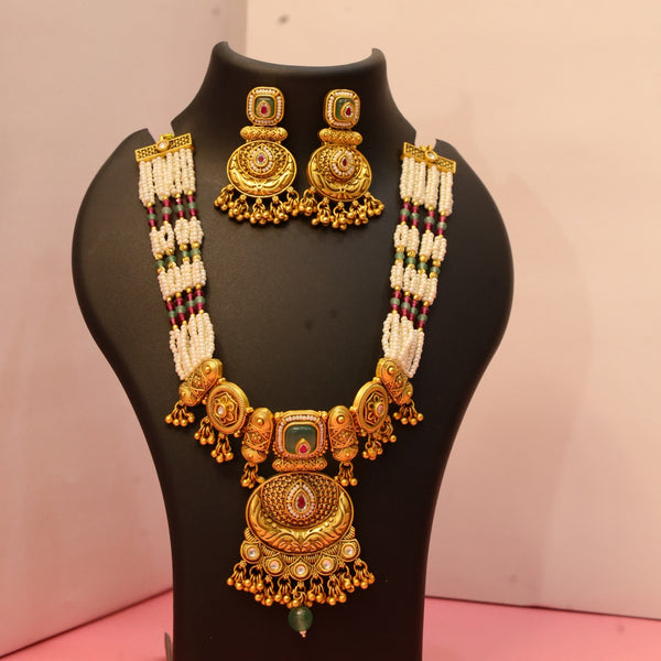 Rajwadi pearl temple necklace set with antique gold finish and matching traditional earrings by Evvara