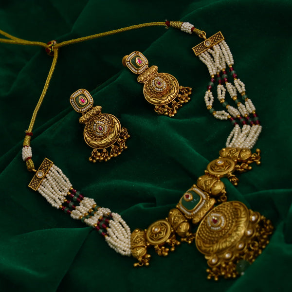 Rajwadi pearl temple necklace set with traditional earrings by Evvara